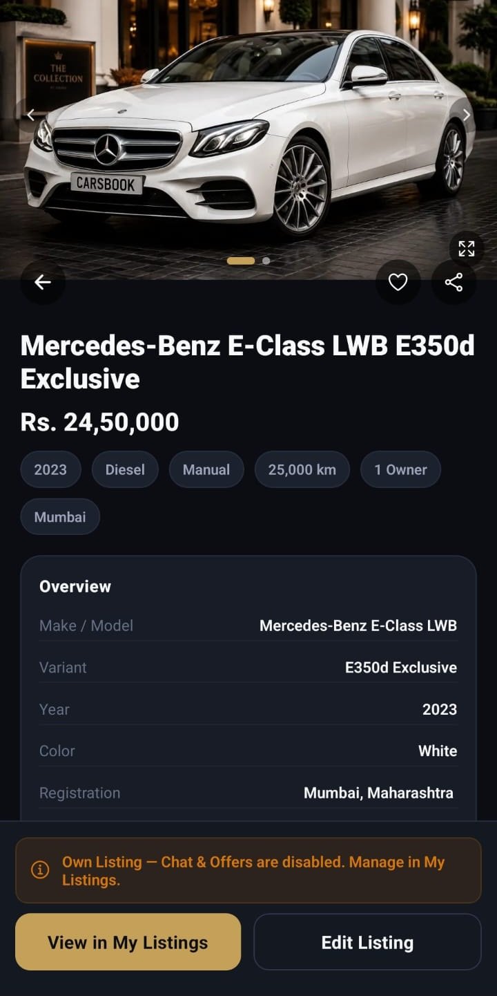 CarsBook vehicle page showing a car's photo gallery, specifications and the Make Offer action.